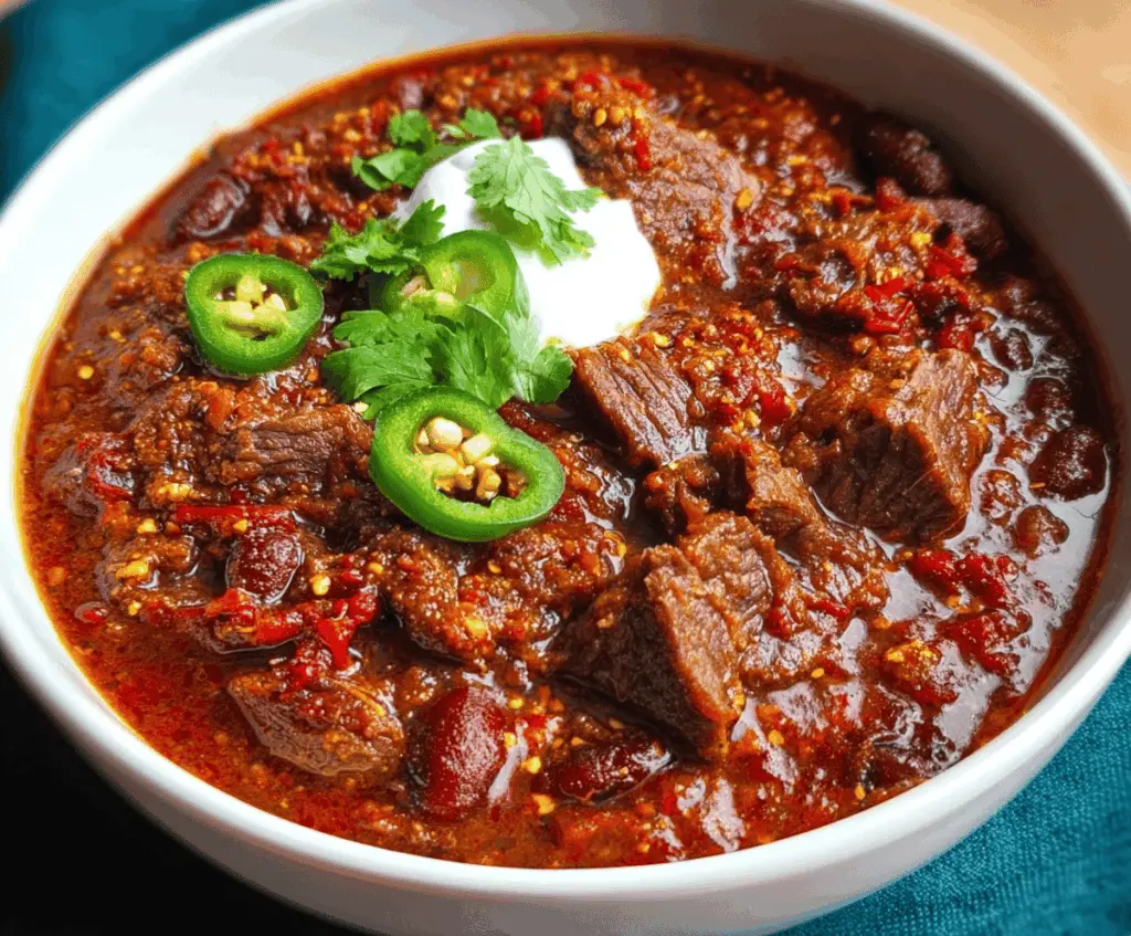 Delicious award-winning short rib and chorizo chili topped with fresh herbs in a rustic bowl, perfect for hearty comfort food