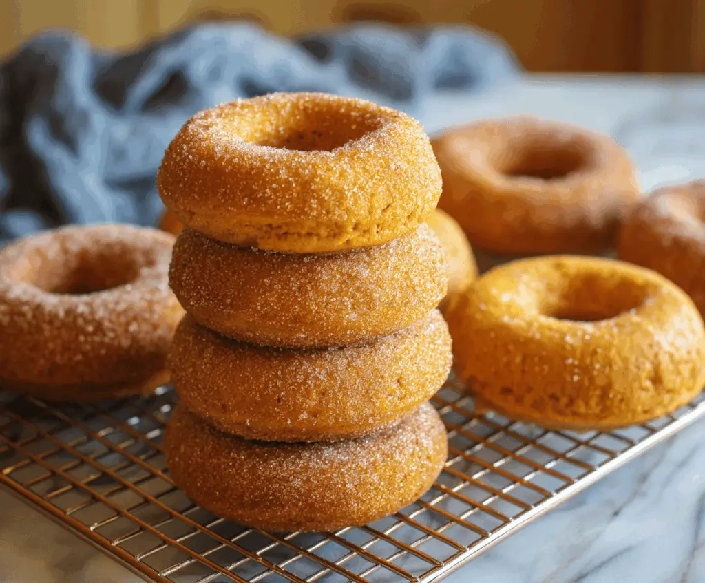 Delicious freshly baked pumpkin donuts topped with cinnamon sugar on a rustic plate, perfect for fall treats