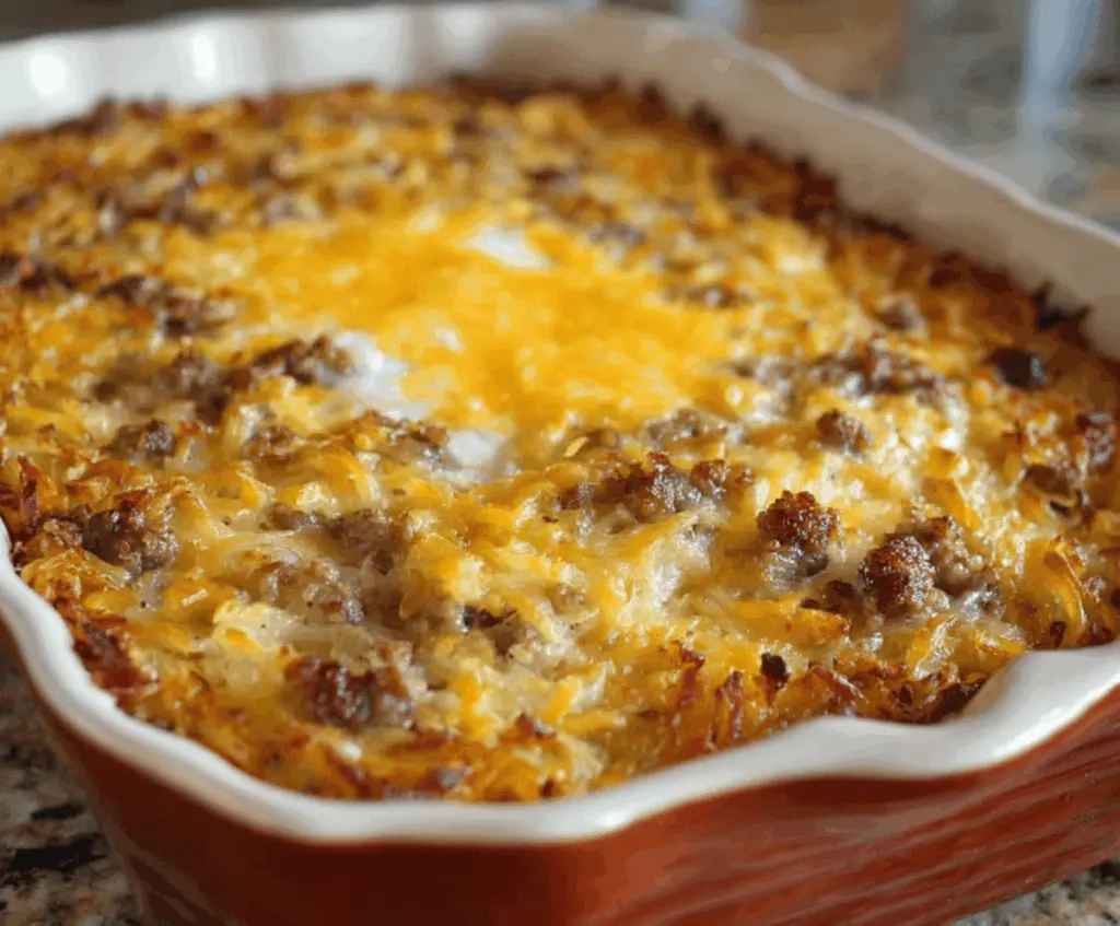 Delicious breakfast casserole with sausage and crispy hash browns, perfect for morning brunch or family gatherings.