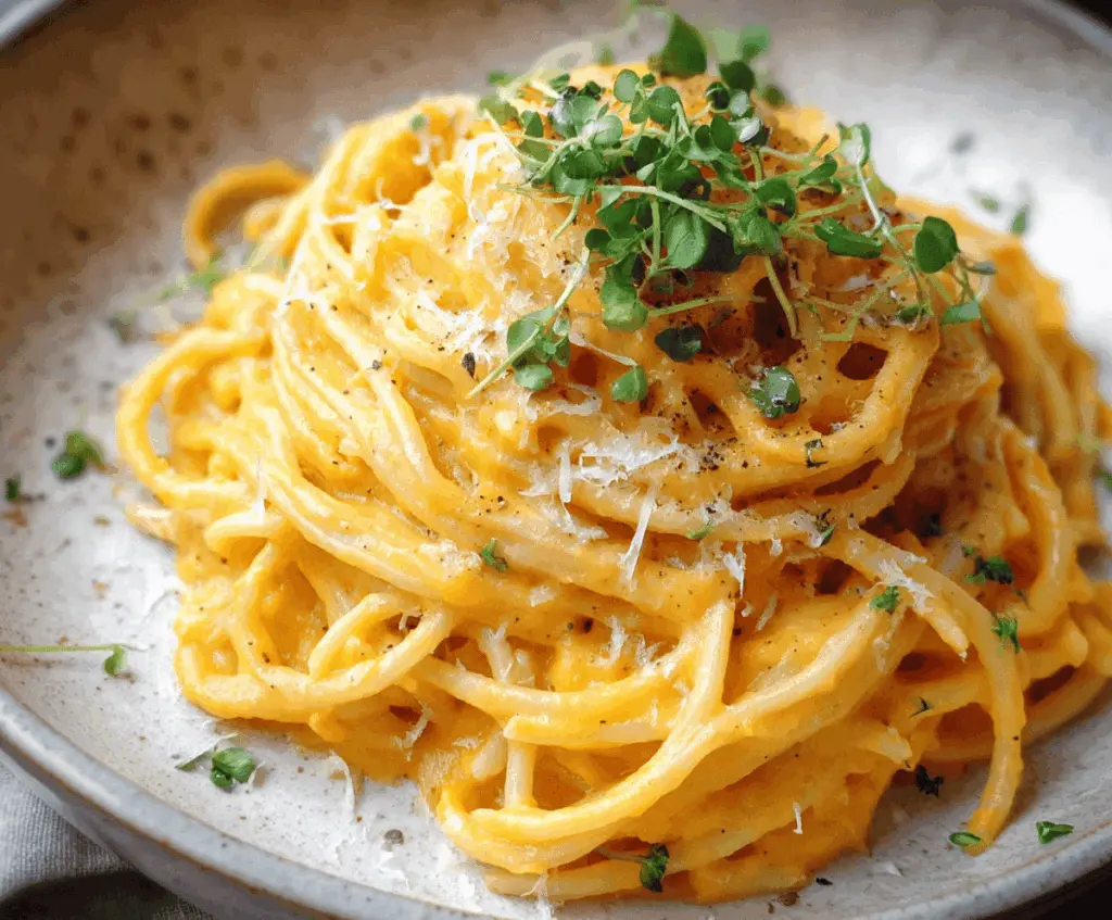 Creamy butternut squash pasta sauce served over cooked pasta with fresh herbs and grated cheese, perfect for a cozy vegetarian meal.