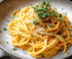 Creamy butternut squash pasta sauce served over cooked pasta with fresh herbs and grated cheese, perfect for a cozy vegetarian meal.