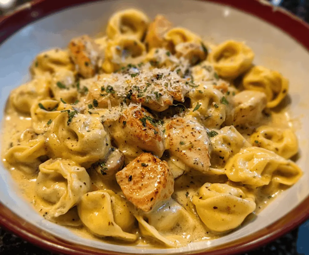 Creamy Cajun Garlic Chicken Tortellini with Three-Cheese Sauce in a bowl, garnished with fresh herbs, showcasing a flavorful pasta dish