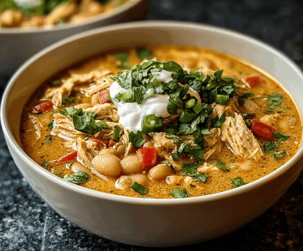 Creamy Cajun white chicken chili in a bowl with beans, corn, and fresh herbs, served hot.