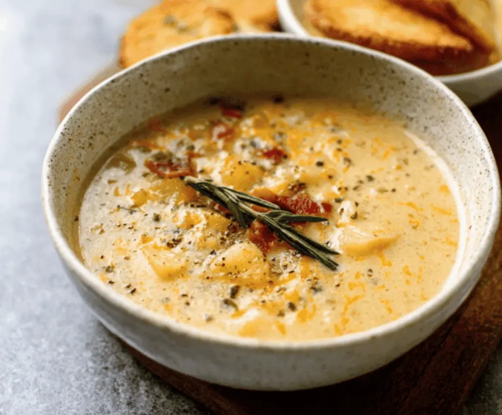 Creamy Cheddar Garlic Herb Potato Soup served in a bowl with melted cheese, fresh herbs, and toasted bread on the side.