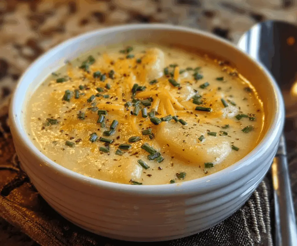 Creamy Cheddar Garlic Herb Potato Soup served in a bowl with melted cheese, fresh herbs, and crispy bread on the side.