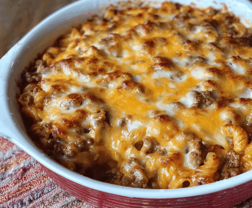 Delicious cheesy hamburger casserole bake with melted cheese and seasoned ground beef, perfect for busy weeknight dinners