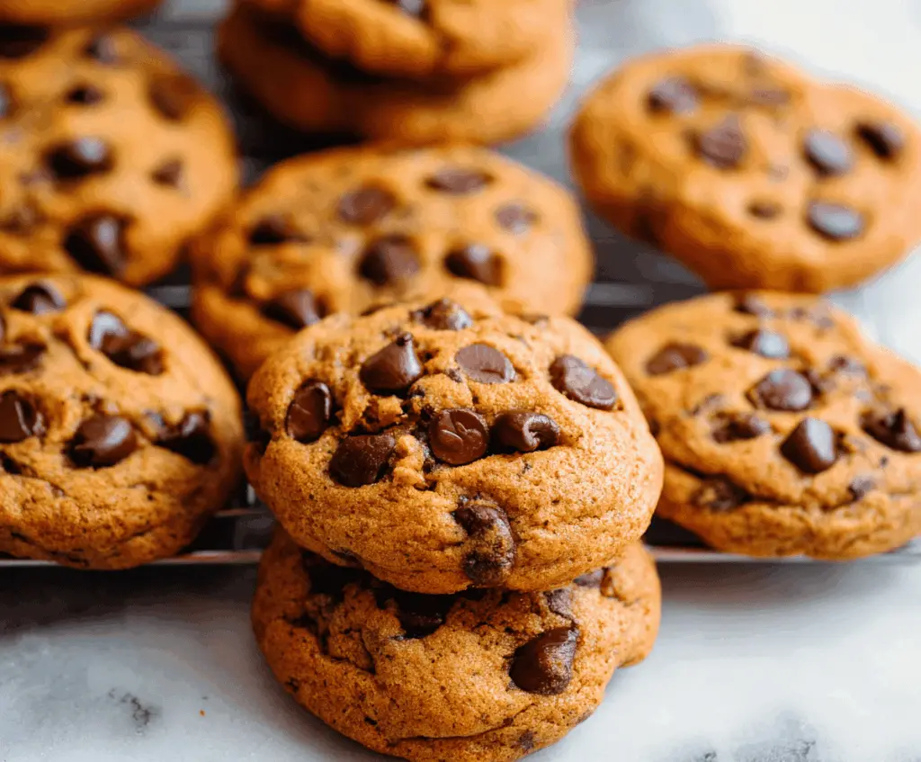 Chewy pumpkin chocolate chip cookies on a plate with chocolate chips and pumpkin puree, perfect for fall baking