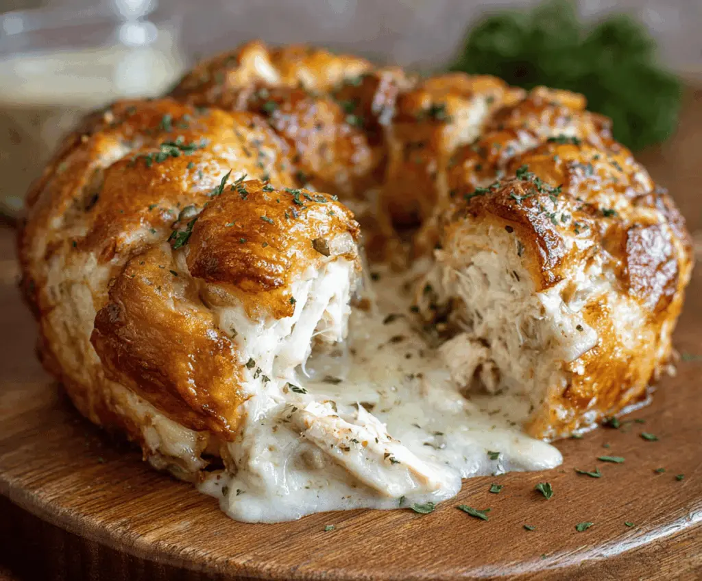 Delicious Chicken Alfredo Monkey Bread topped with melted cheese and herbs, served on a white plate.