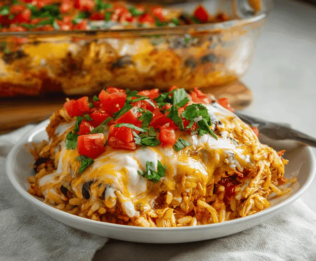 Delicious Chicken Burrito Casserole topped with melted cheese, fresh cilantro, and sliced jalapeños, served in a baking dish ready for dinner.