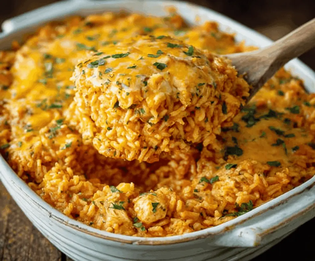 Delicious Chicken Enchilada Rice Casserole baked in 35 minutes with melted cheese, seasoned chicken, and vibrant enchilada flavors on a serving plate.