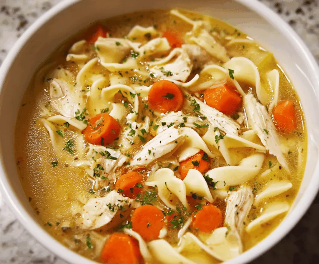 A steaming bowl of homemade chicken noodle soup with tender chicken, vibrant vegetables, and soft noodles, served in a white ceramic bowl.