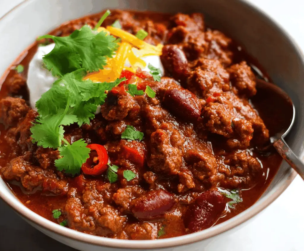Delicious homemade Chili Con Carne served in a bowl with melted cheese, fresh herbs, and sides, perfect for a hearty meal.