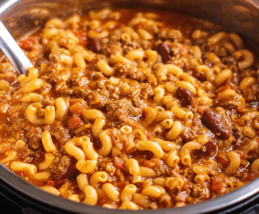 Delicious homemade chili mac with seasoned ground beef, macaroni pasta, and melted cheese served in a bowl