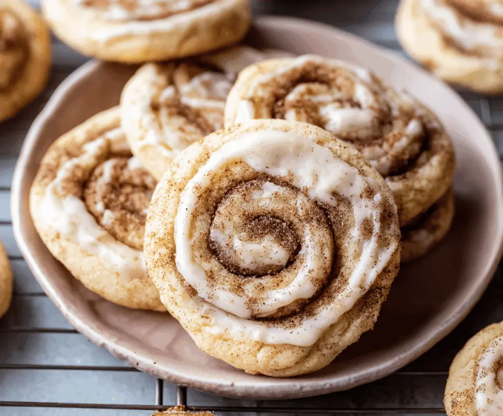 Delicious cinnamon roll-inspired sugar cookies topped with swirl frosting and cinnamon sugar, perfect for dessert or holiday treats.
