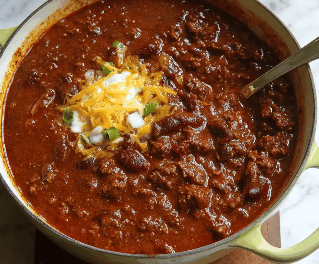 Hearty bowl of homemade classic beef chili topped with shredded cheese and fresh herbs, served with cornbread on the side.