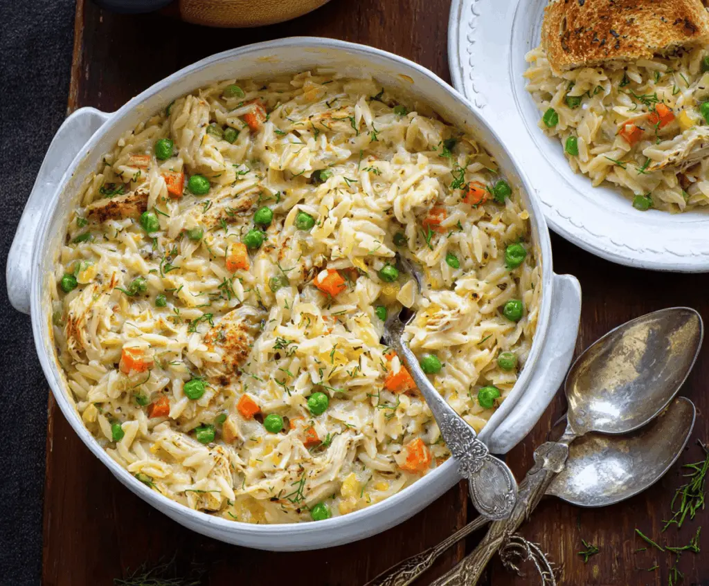 Creamy chicken pot pie orzo in a cozy bowl, featuring tender chicken, mixed vegetables, and golden crust topping for a comforting meal