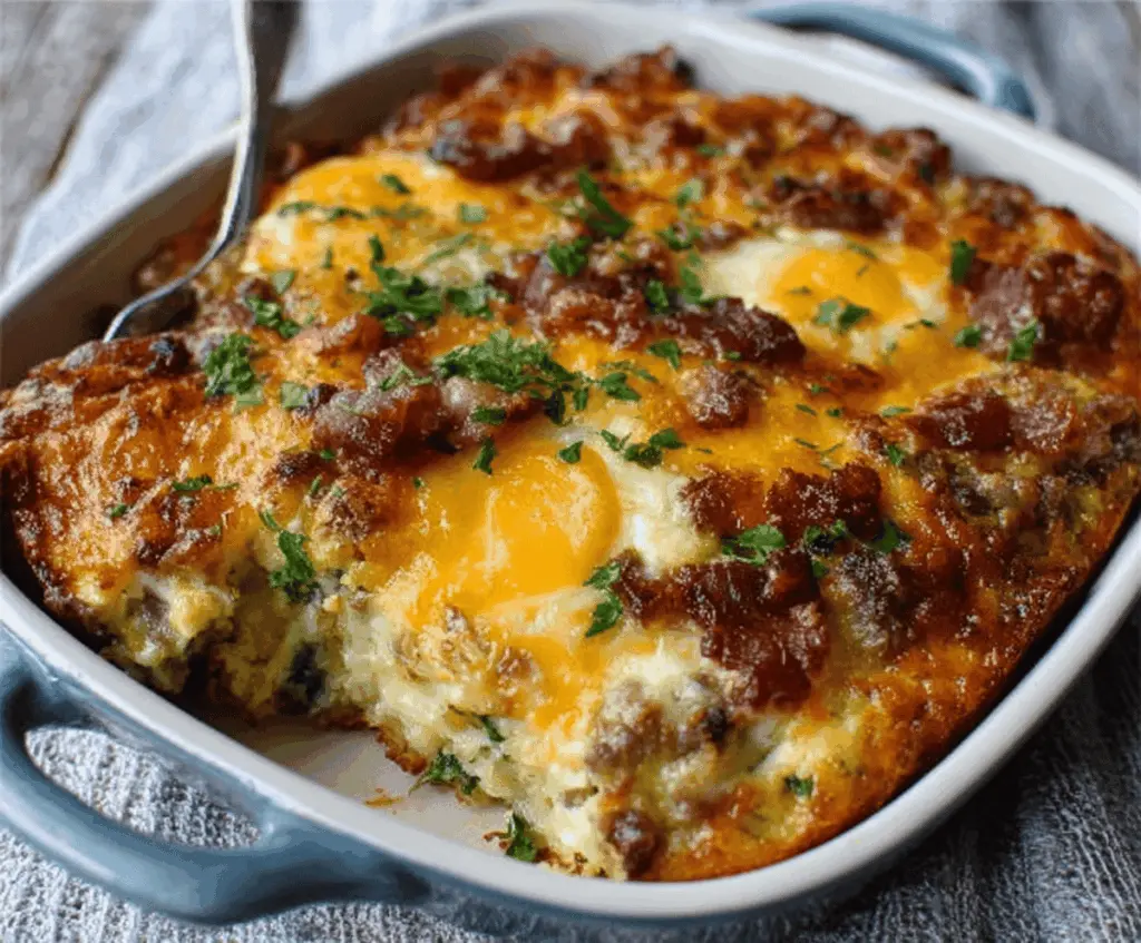 Delicious Crack Breakfast Casserole with eggs, cheese, sausage, and crispy toppings served in a baking dish
