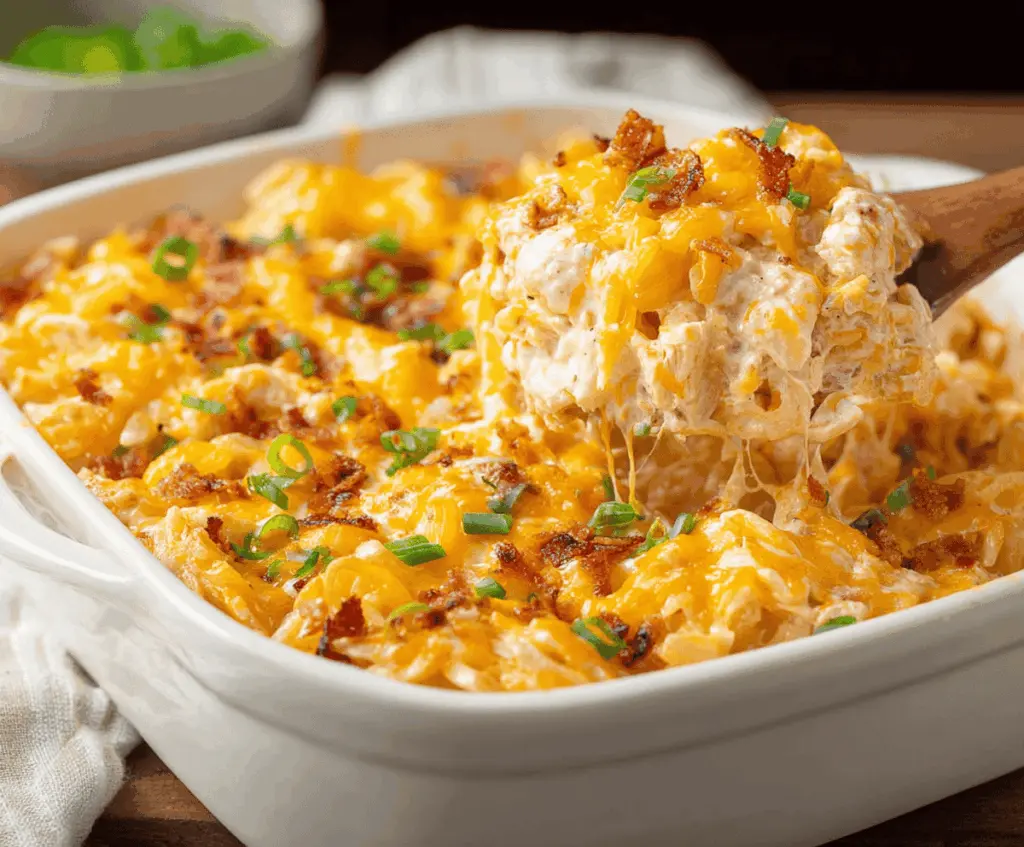 Delicious Crack Chicken Casserole topped with melted cheese and crispy bacon, served in a baking dish, perfect for a comforting dinner.