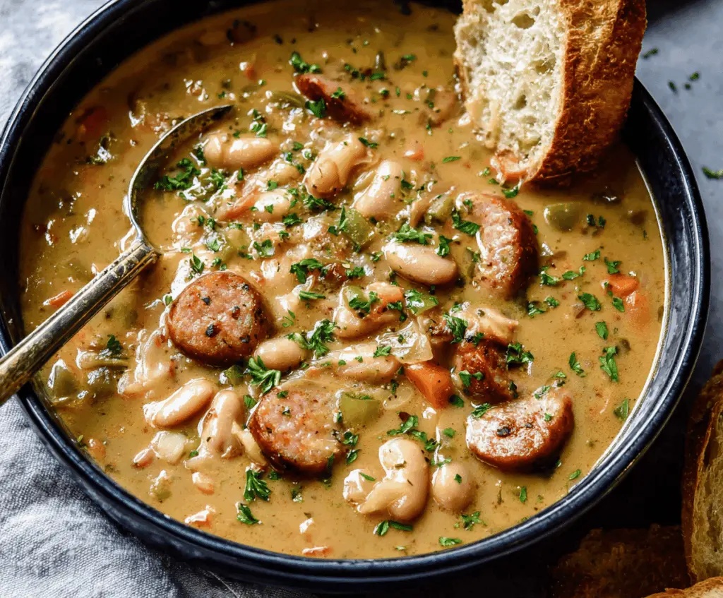 Creamy bean soup with sausage garnished with herbs in a bowl, served with bread on a wooden table