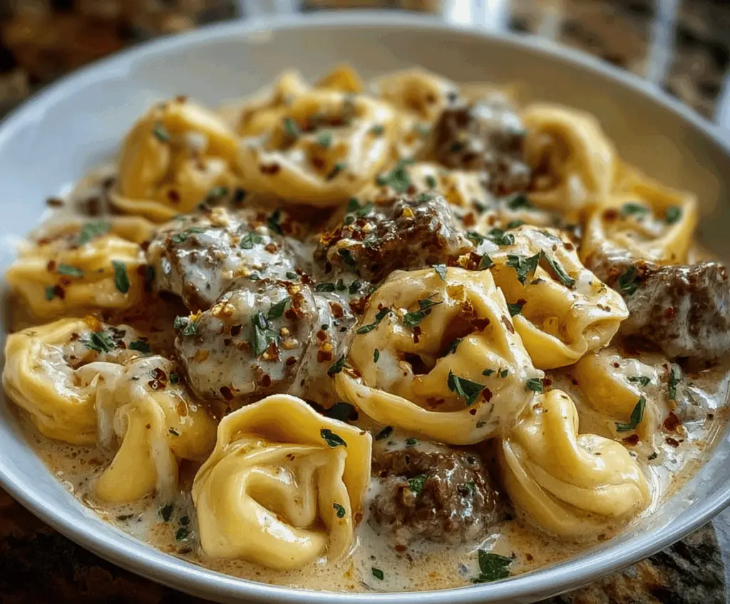 Creamy cheesesteak tortellini topped with melted provolone cheese in a rich, flavorful sauce, served on a white plate