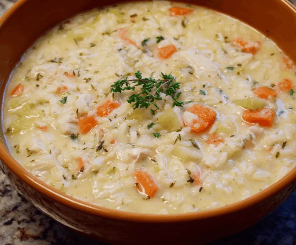 A bowl of creamy chicken and rice soup garnished with fresh herbs, featuring tender chicken pieces, fluffy rice, and a rich, velvety broth.