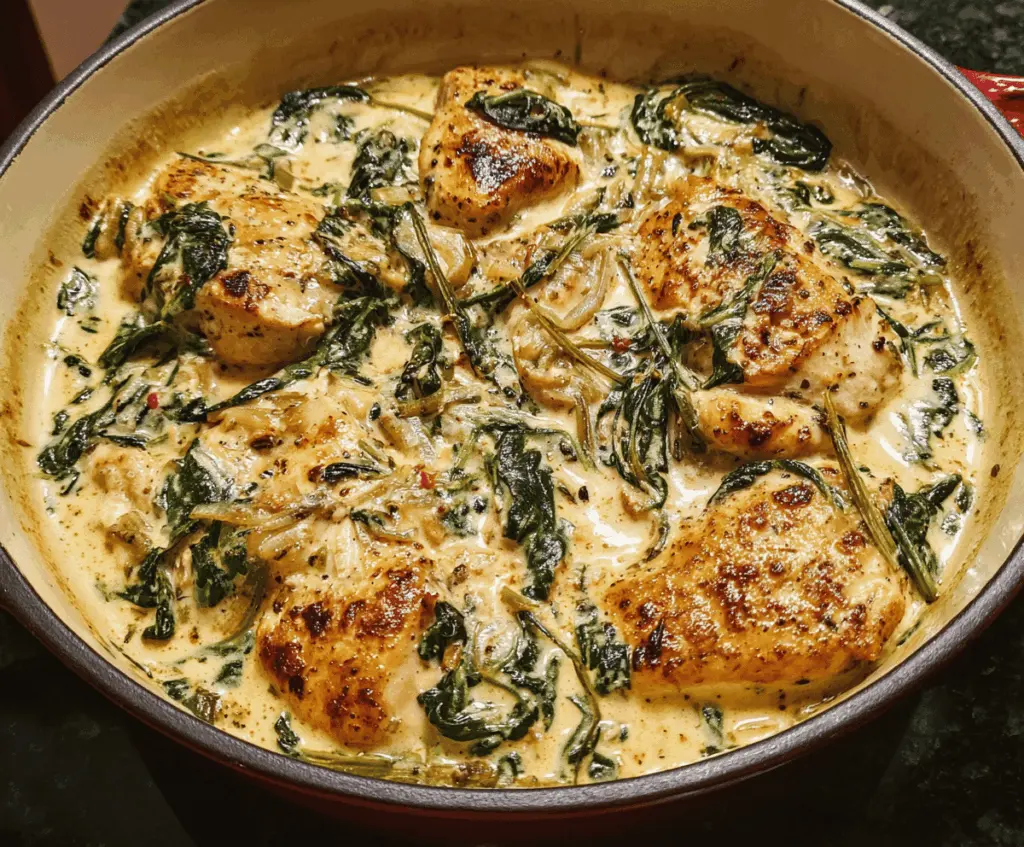 Creamy chicken and spinach casserole topped with melted cheese, served in a baking dish with fresh herbs