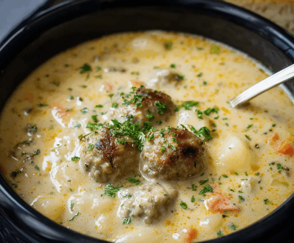 Creamy meatball soup with tender meatballs, vegetables, and herbs in a rich, flavorful broth served in a white bowl.