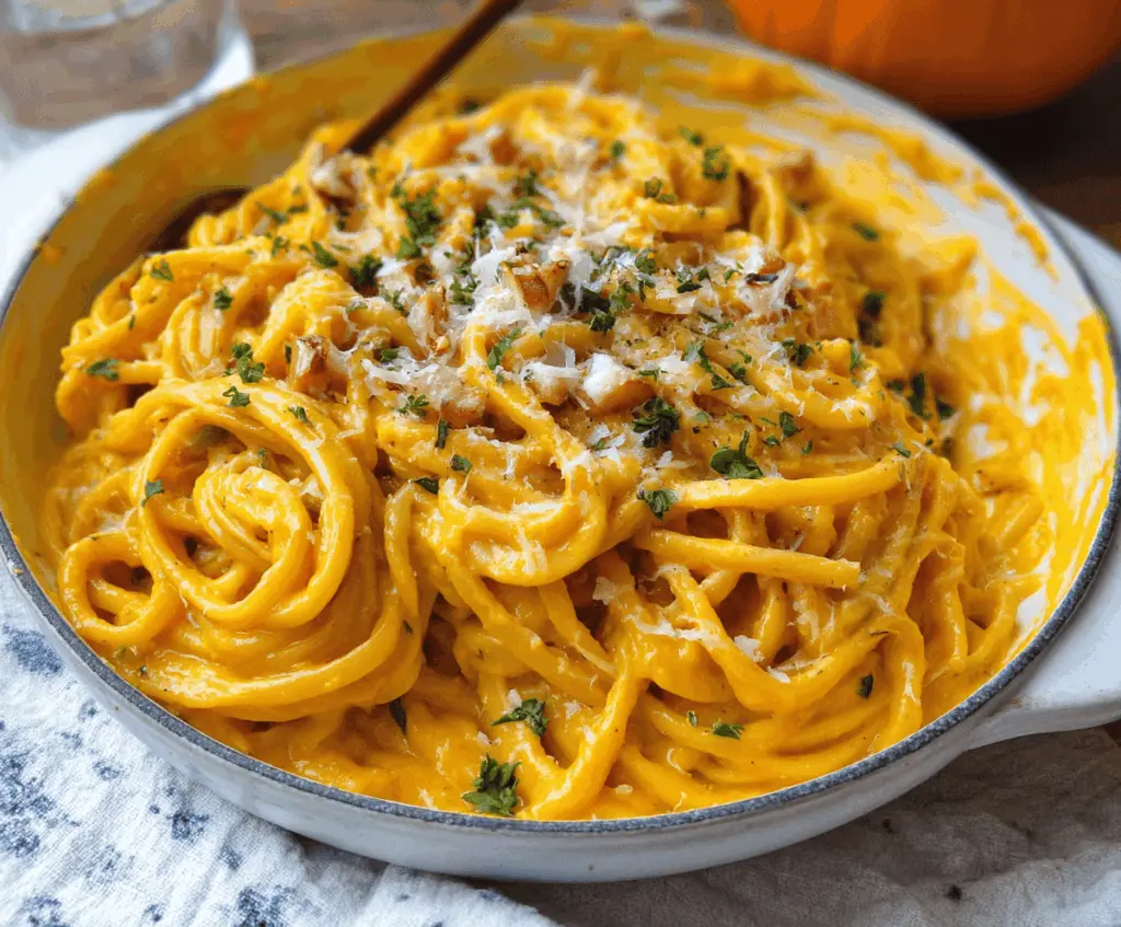 Creamy pumpkin pasta served in a white bowl with fresh herbs, showcasing a rich and delicious fall-inspired vegetarian dish