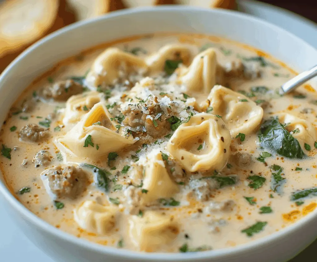 Creamy sausage tortellini soup garnished with fresh herbs in a bowl, showcasing a hearty and comforting Italian-inspired meal with sausage, cheese-filled tortellini, vegetables, and creamy broth