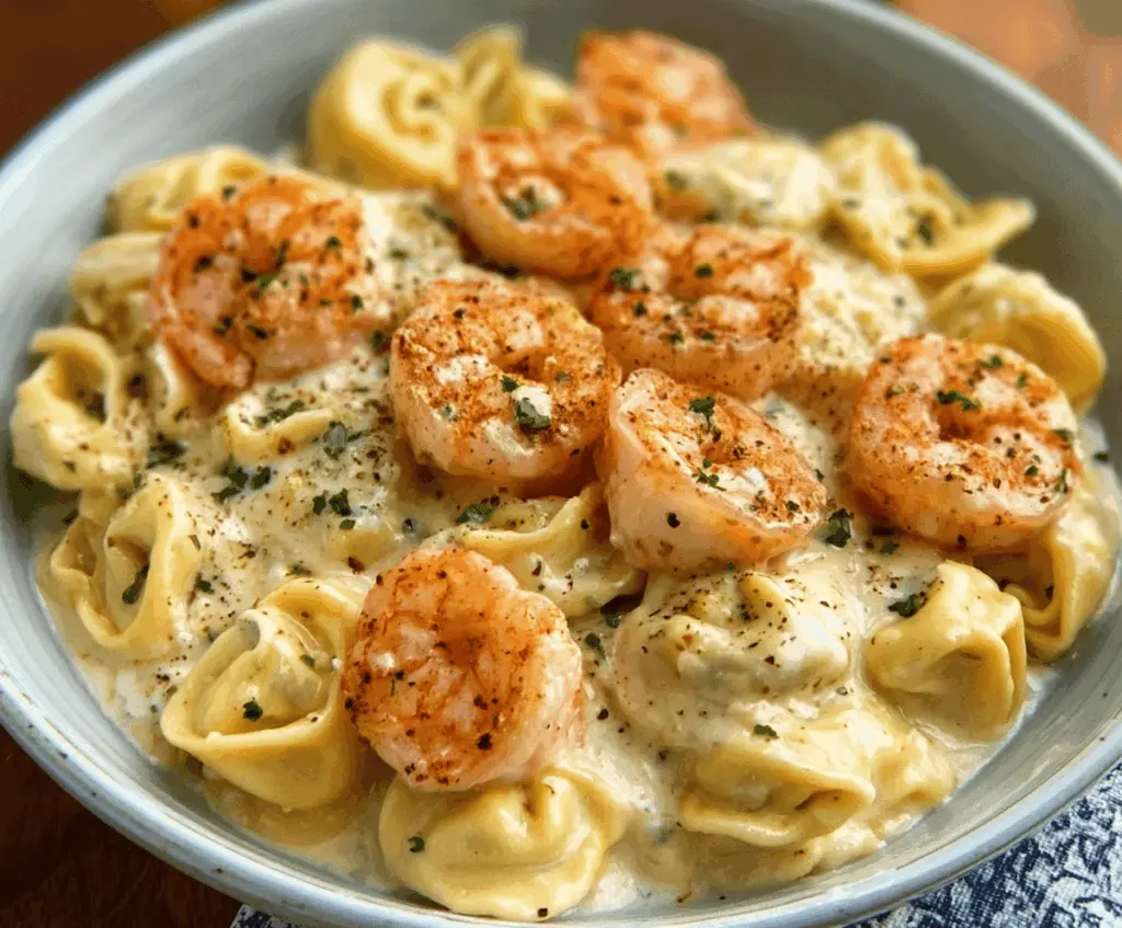 Creamy shrimp and cheese tortellini pasta dish topped with fresh herbs and Parmesan cheese in a white bowl