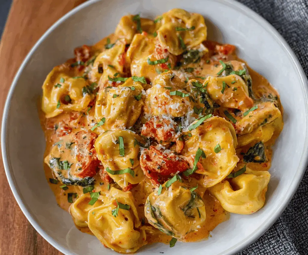 Creamy spinach and tomato tortellini served in a bowl with fresh basil garnish, showcasing a delicious and colorful pasta dish.