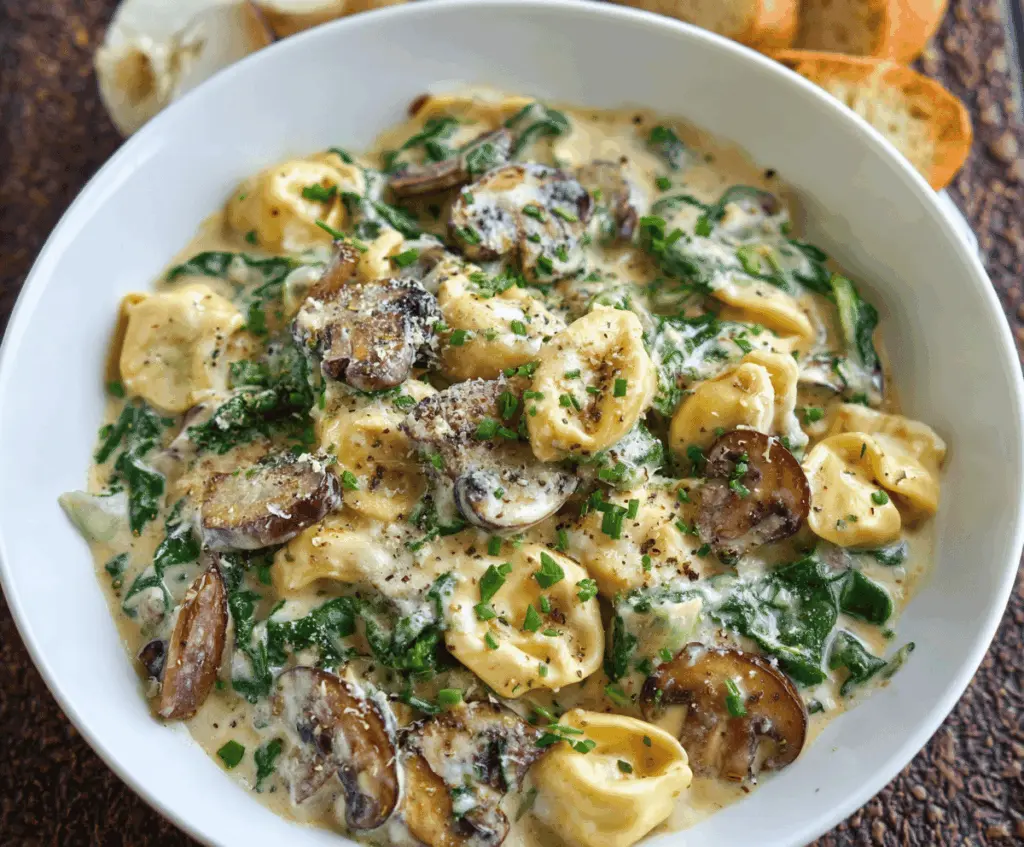 Creamy tortellini pasta with fresh spinach and sautéed mushrooms in a rich sauce on a white plate.