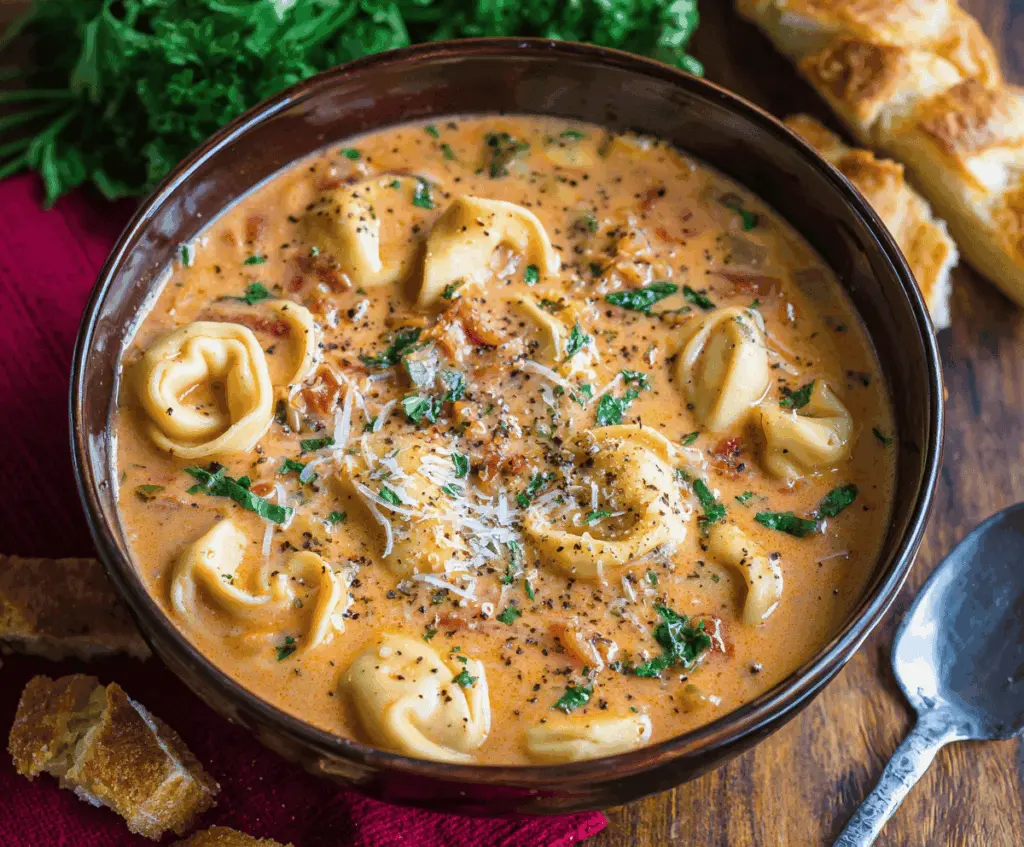 Creamy Tuscan Garlic Tortellini Soup in a bowl garnished with fresh basil and grated Parmesan cheese, showcasing a rich, flavorful Italian soup with tortellini, spinach, sun-dried tomatoes, and a creamy garlic broth.