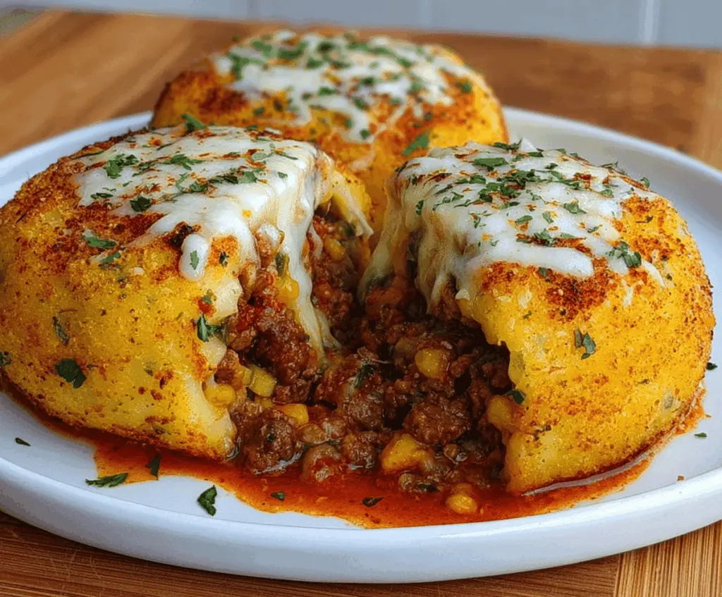 Delicious crispy mashed potatoes stuffed with melted cheese and seasoned beef, served as a flavorful comfort food appetizer or main dish.