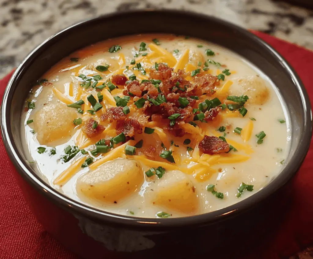 Creamy Crock Pot Crack Potato Soup in a bowl topped with shredded cheese and chopped bacon, perfect for cozy comfort meals