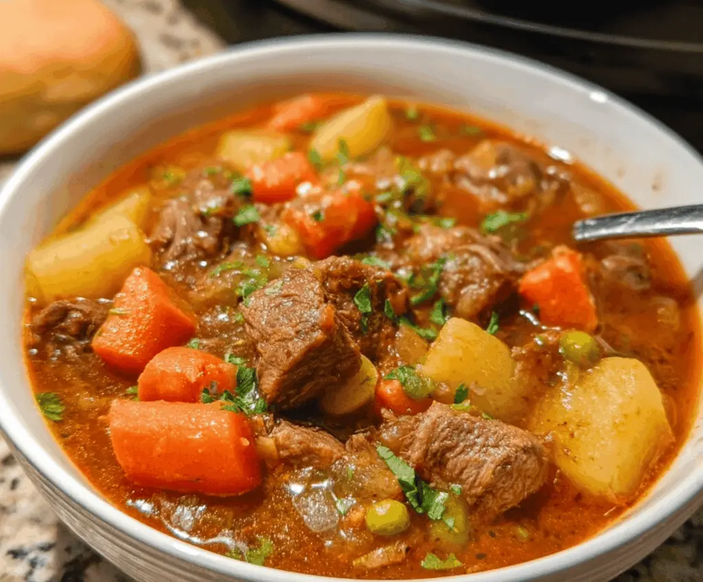Hearty crockpot beef stew with tender beef chunks, vegetables, and savory broth in a slow cooker