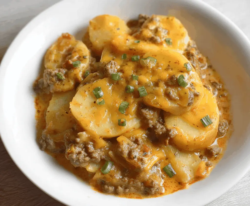Delicious Crockpot Hamburger Potato Casserole served in a bowl with melted cheese and fresh herbs, ready for a hearty family meal.