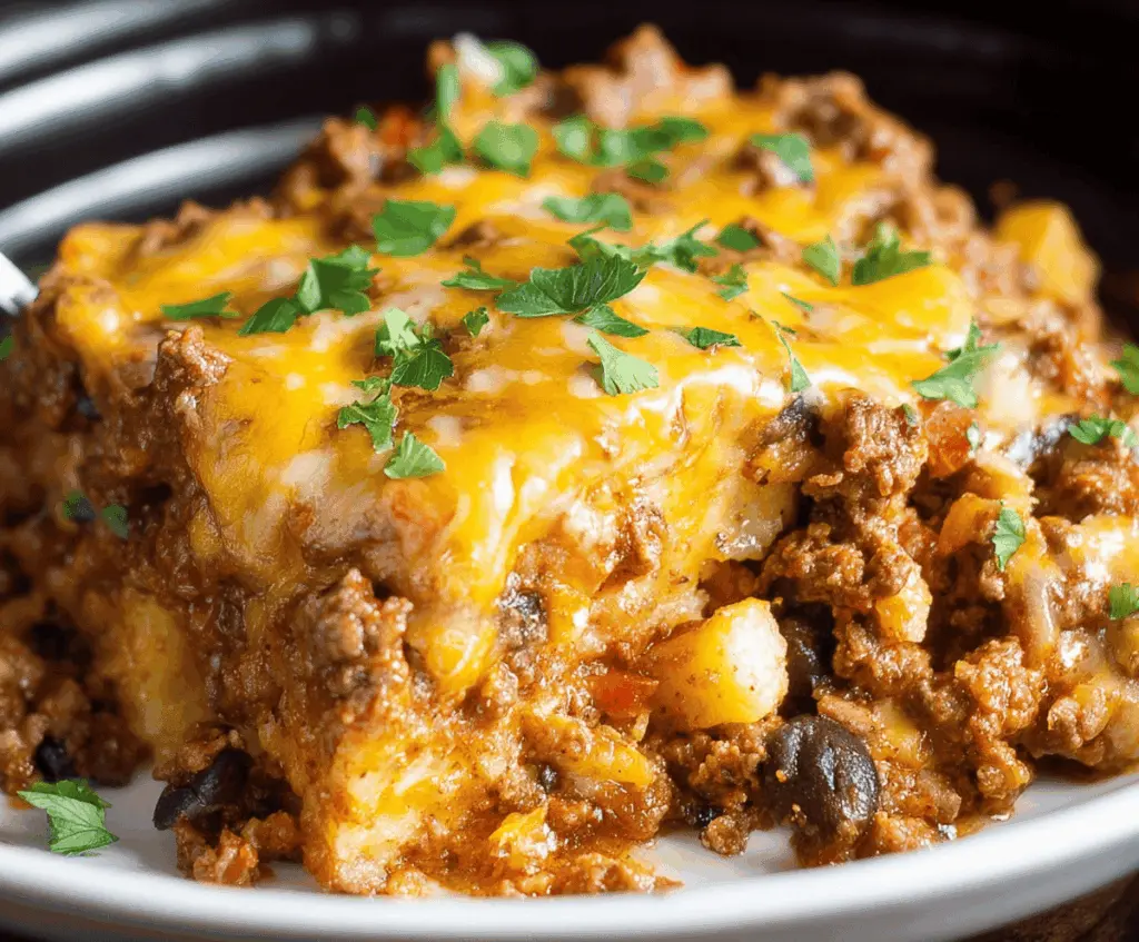 Delicious Crockpot Taco Casserole topped with melted cheese, fresh lettuce, tomatoes, and sour cream, served in a casserole dish