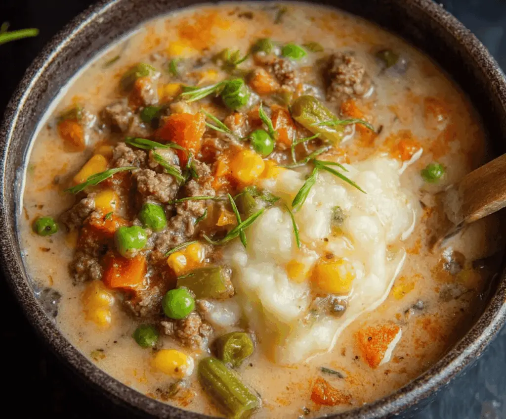 Hearty Shepherd’s Pie Soup in a bowl with mashed potatoes, ground meat, vegetables, and herbs, perfect for comforting meals