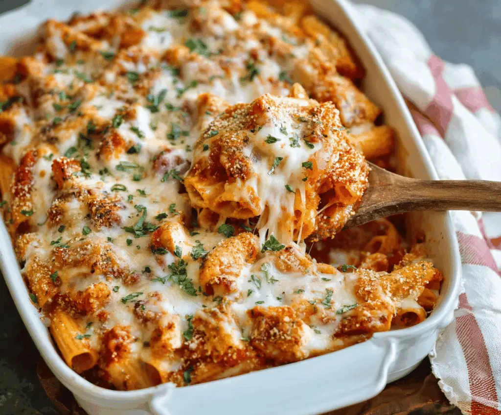 Delicious Dump-and-Bake Chicken Parmesan Casserole topped with melted cheese and crispy bread crumbs, ready to serve