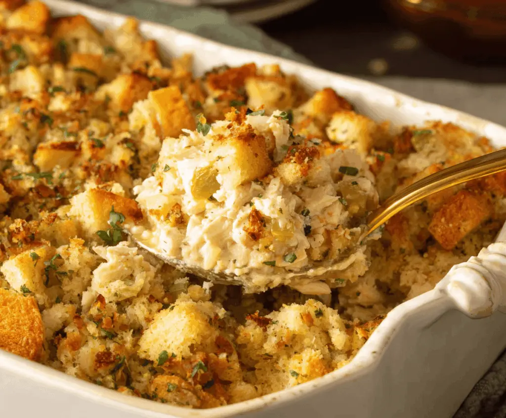 Delicious Easy Chicken & Stuffing Casserole topped with golden-brown stuffing and tender chicken pieces in a savory dish