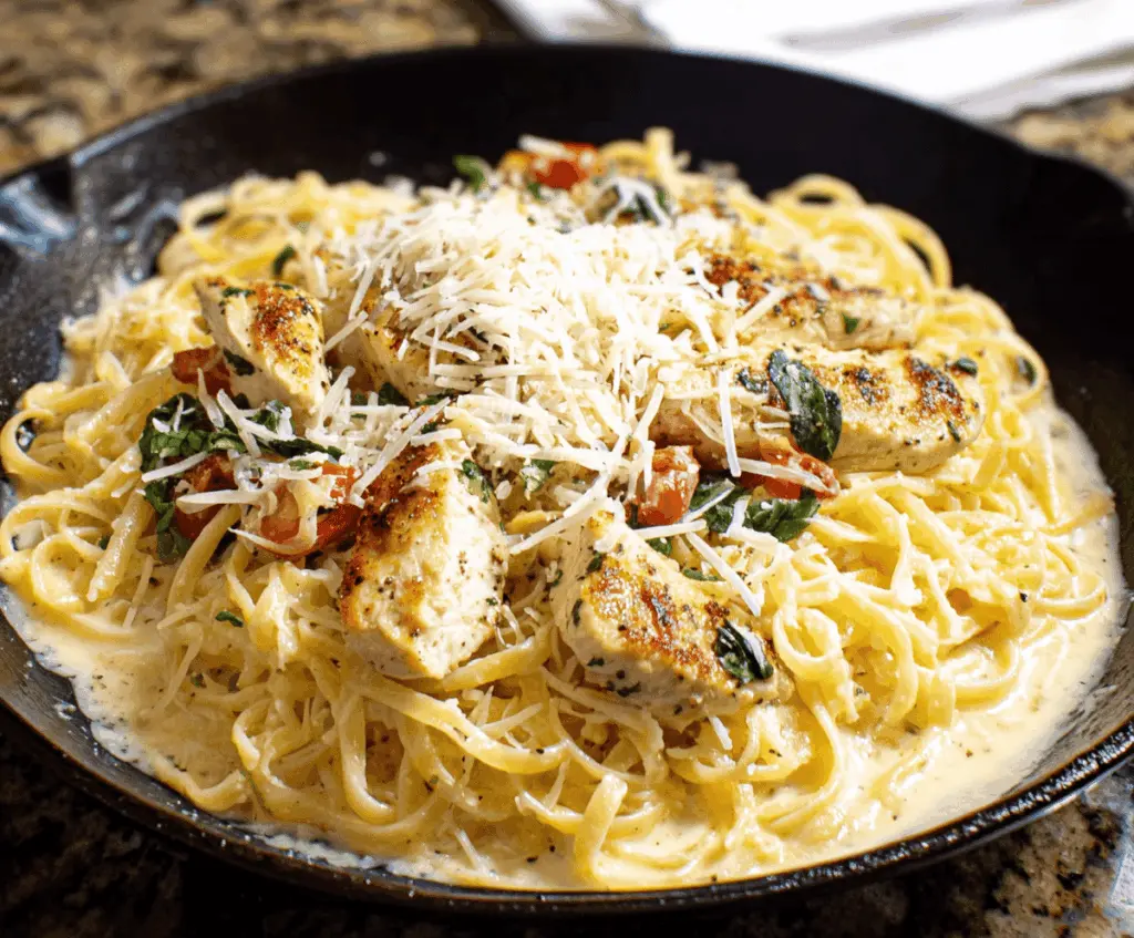 Creamy Easy Parmesan Chicken Pasta dish with tender chicken, pasta, and melted Parmesan cheese garnished with fresh herbs