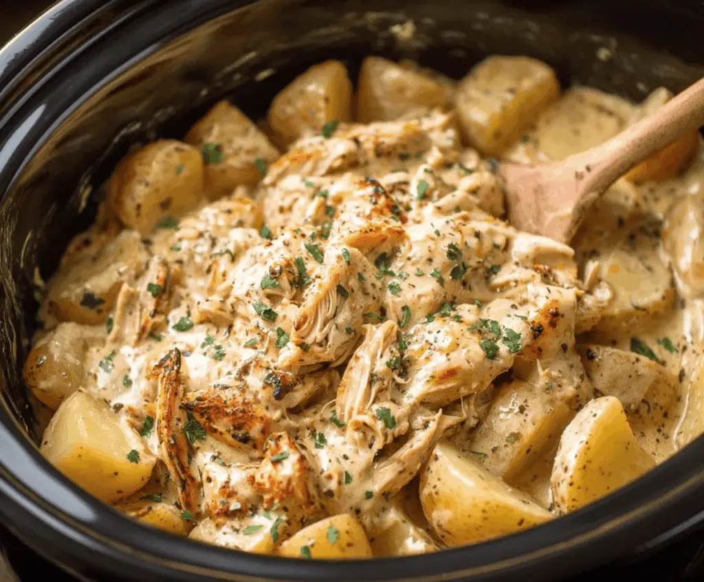 Creamy garlic Parmesan crockpot chicken with tender potatoes served in a flavorful dish