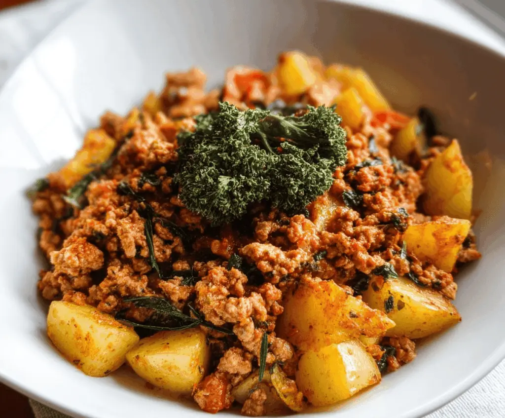 Delicious ground turkey cooked with crispy potatoes, garnished with herbs on a white plate