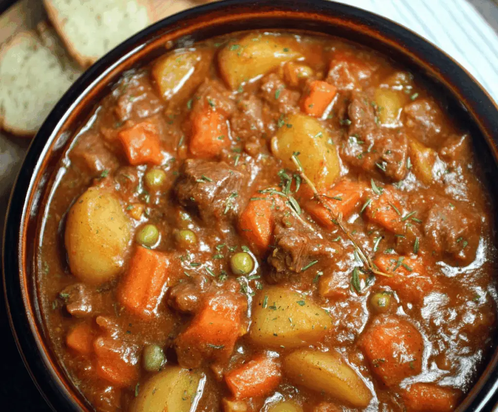 A steaming bowl of hearty classic beef stew with tender beef chunks, carrots, potatoes, and savory broth, served in a rustic bowl.