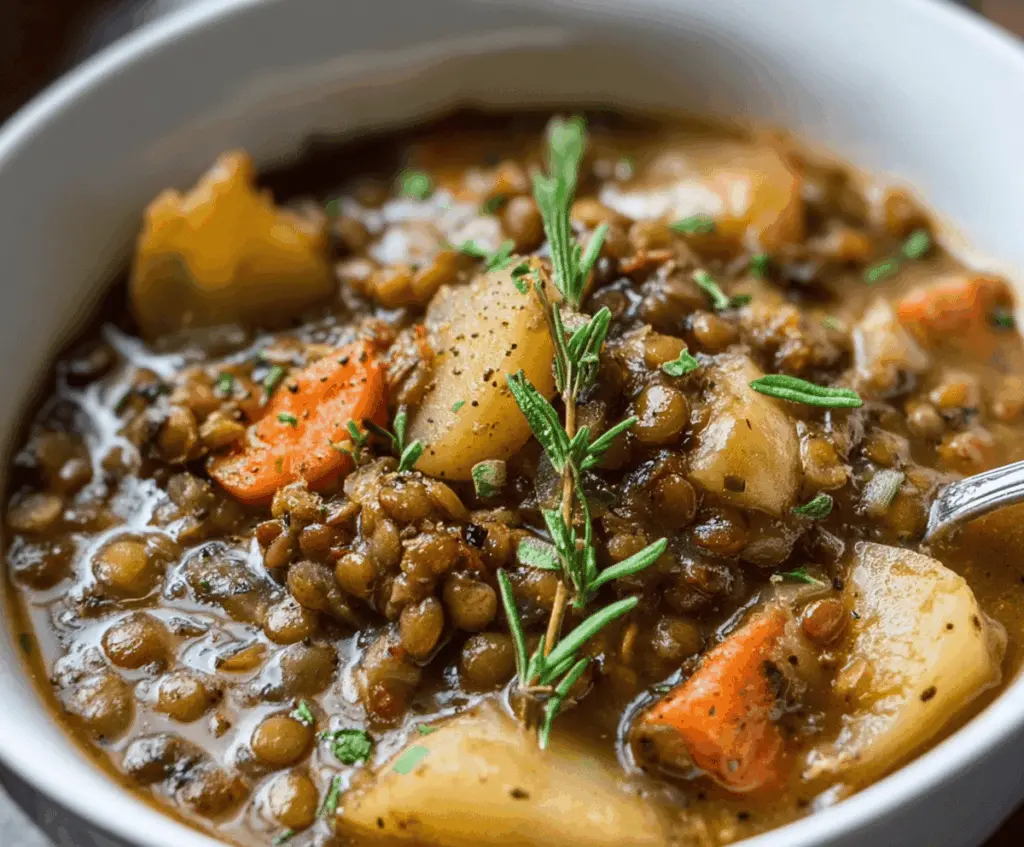 A steaming bowl of hearty lentil and potato soup garnished with fresh herbs, showcasing a comforting and nutritious meal.