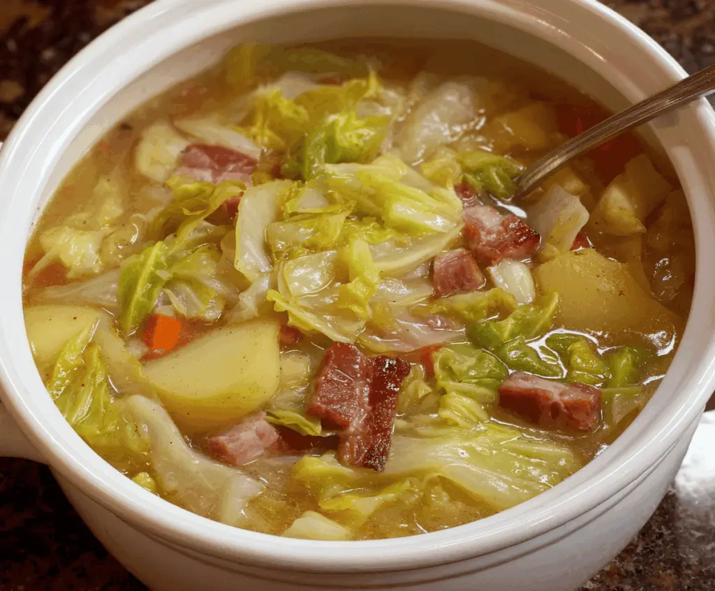 Hearty Irish bacon, cabbage, and potato soup served in a bowl, garnished with fresh herbs, perfect for a comforting Irish-inspired meal.