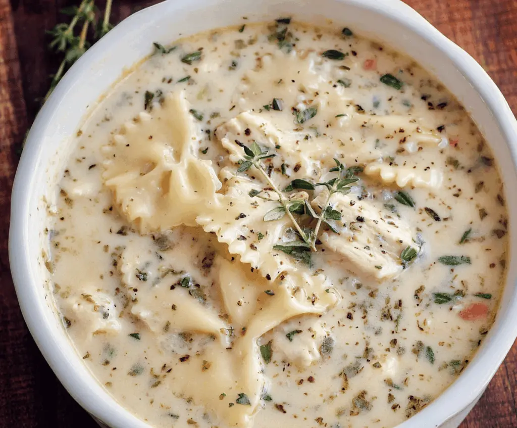 Creamy white chicken lasagna soup with shredded chicken, melted cheese, spinach, and pasta in a savory broth—perfect comfort food recipe.