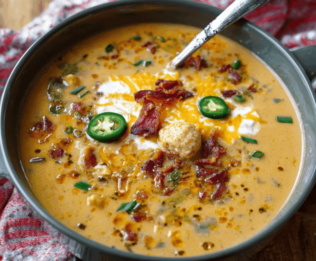 Creamy jalapeno popper soup garnished with chopped green onions and shredded cheese in a rustic bowl, featuring jalapeno slices and crispy bacon for a flavorful appetizer