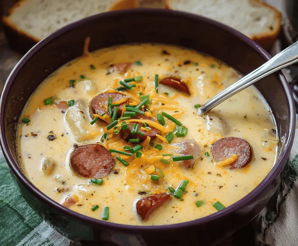 Creamy kielbasa potato soup in a bowl topped with fresh herbs and served with crusty bread, perfect for a comforting meal